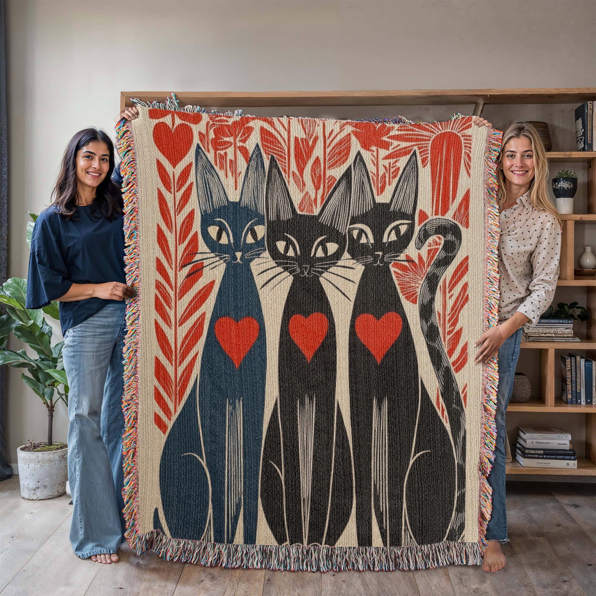 Mid-Century Folk Art Cats Black Cat Woven Cotton Blanket - Image 7