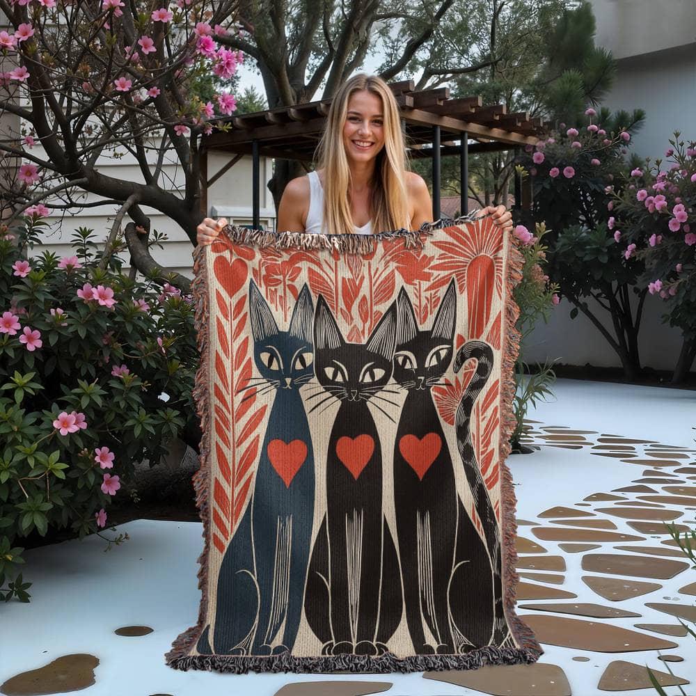 Mid-Century Folk Art Cats Black Cat Woven Cotton Blanket - Image 2