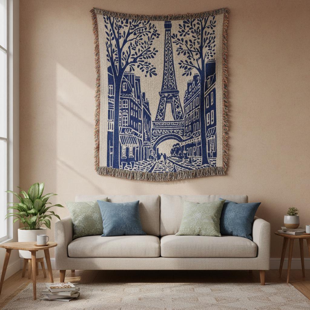 Paris Eiffel Tower French Country Woven Cotton Blanket
