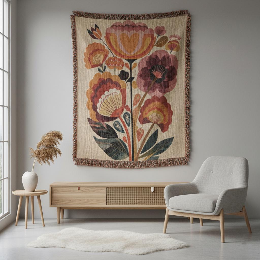 Scandinavian Folk Flower Nordic Hygge Art Woven Cotton Blanket