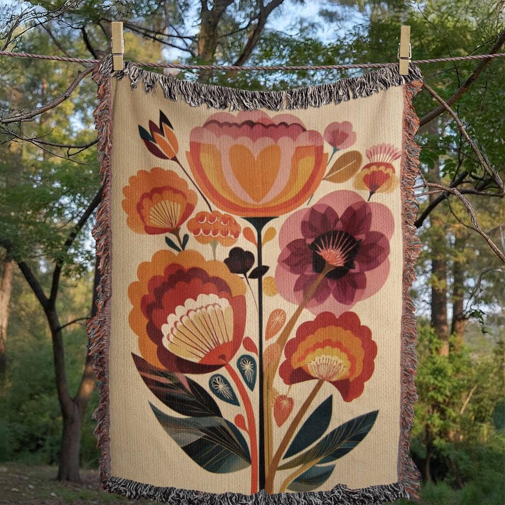 Scandinavian Folk Flower Nordic Hygge Art Woven Cotton Blanket - Image 3