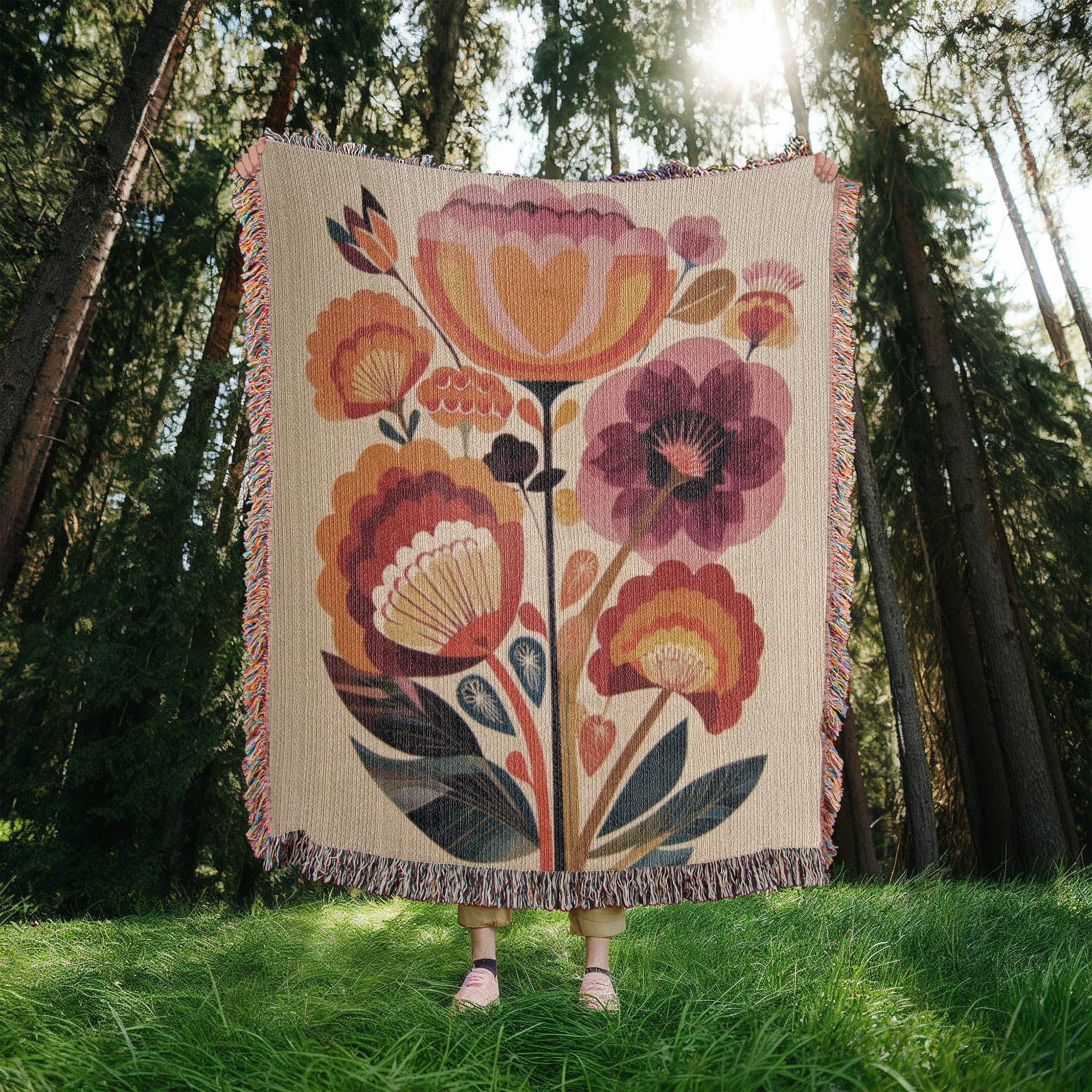 Scandinavian Folk Flower Nordic Hygge Art Woven Cotton Blanket - Image 4