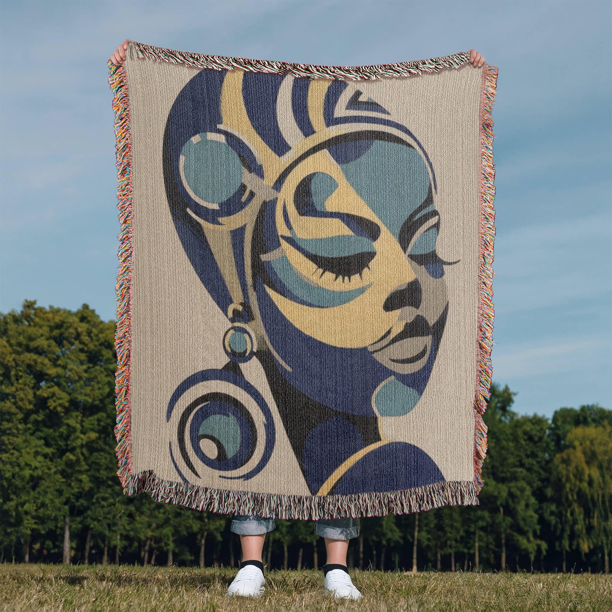 African Woman Geometric art Woven Cotton Blanket - Image 3