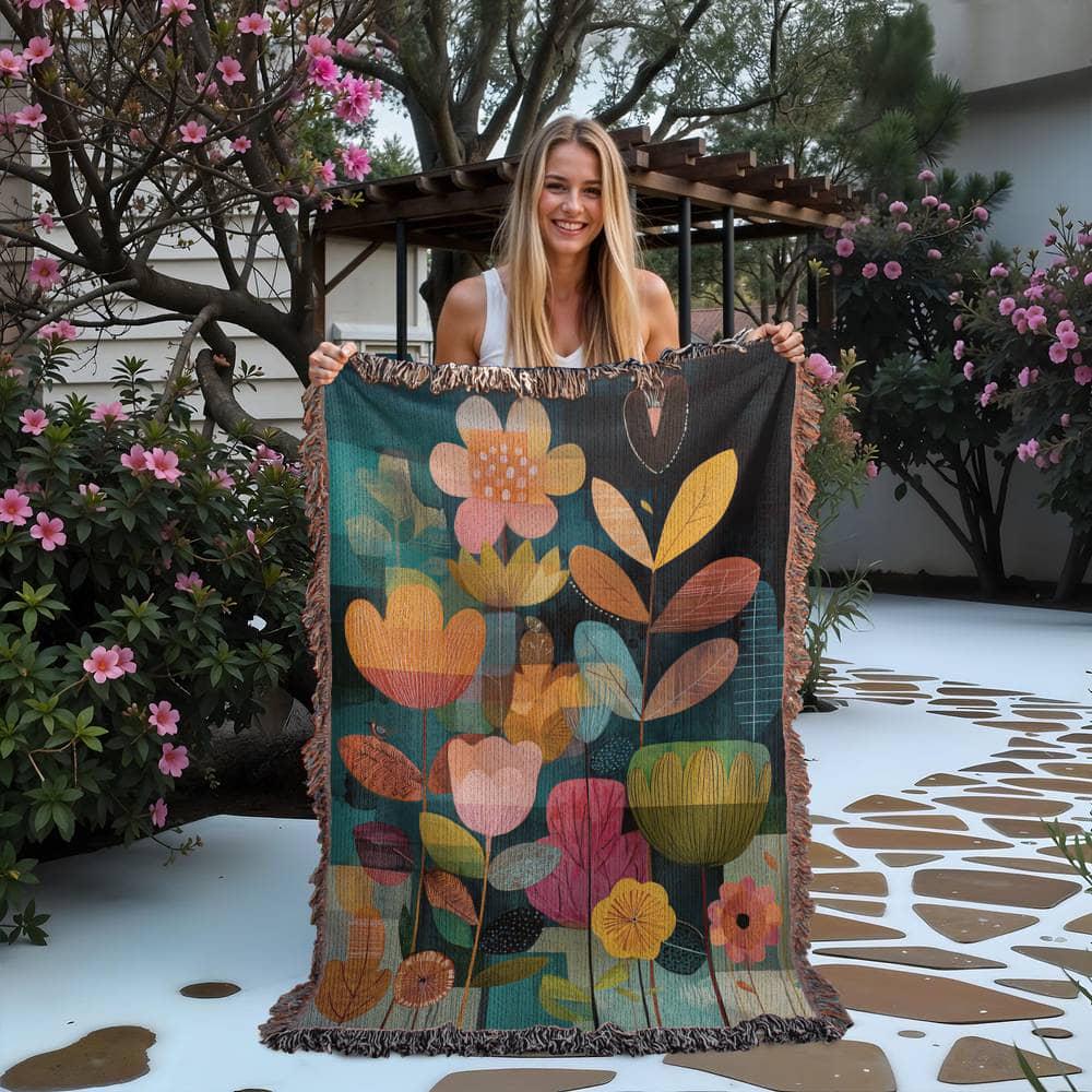Scandinavian Botanical Maximalist Floral Folk Art Woven Cotton Blanket - Image 2