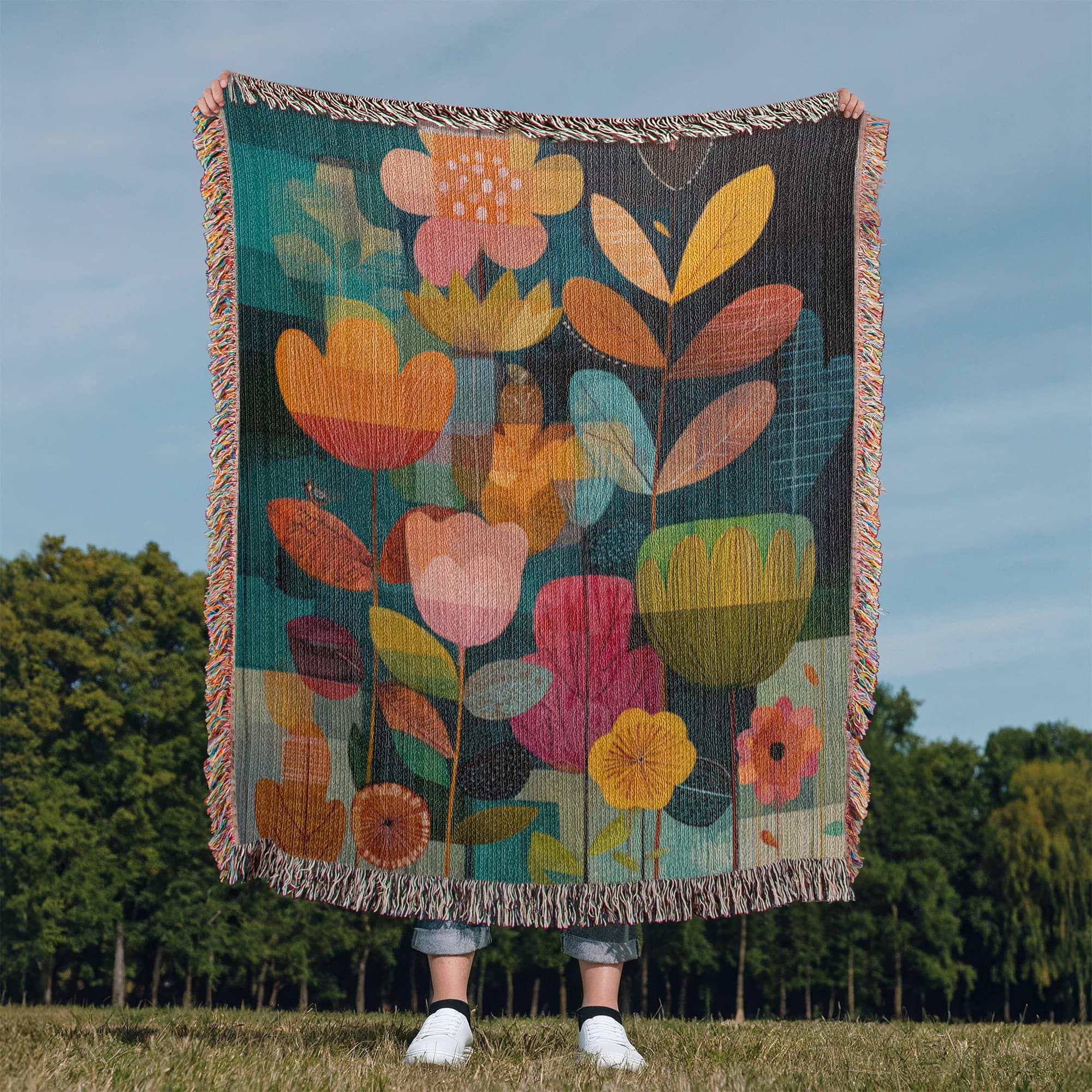 Scandinavian Botanical Maximalist Floral Folk Art Woven Cotton Blanket - Image 3