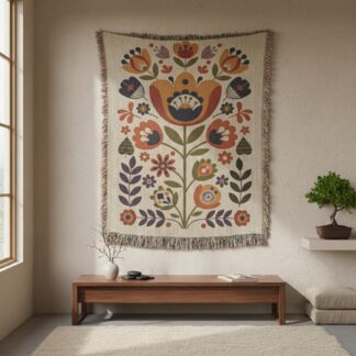 Scandinavian Folk Art Muted Floral Botanical Woven Cotton Blanket
