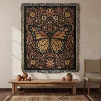 Monarch Butterfly Mexican Folk Art Floral Woven Cotton Blanket