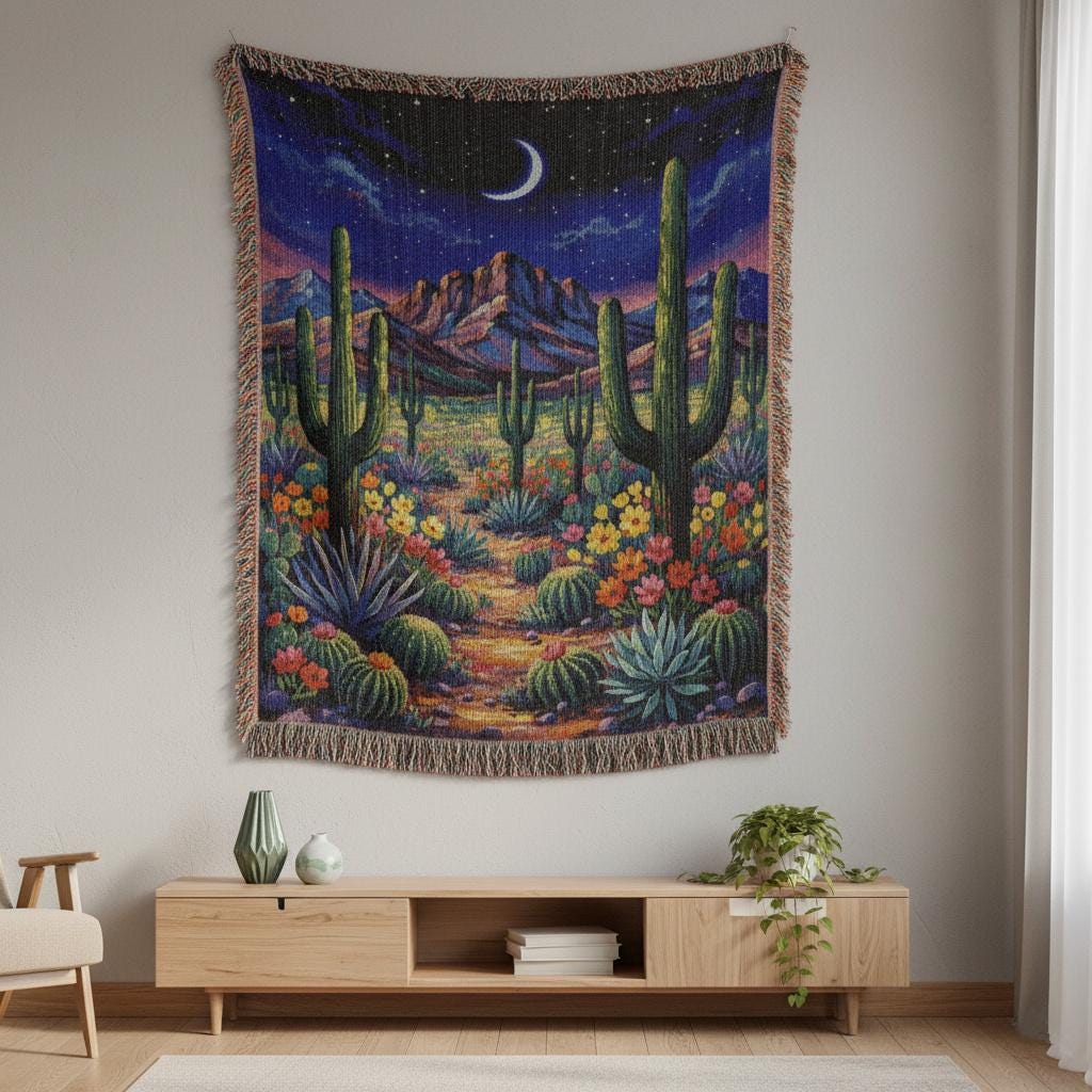 Desert Night Cactus Landscape Art Woven Cotton Blanket