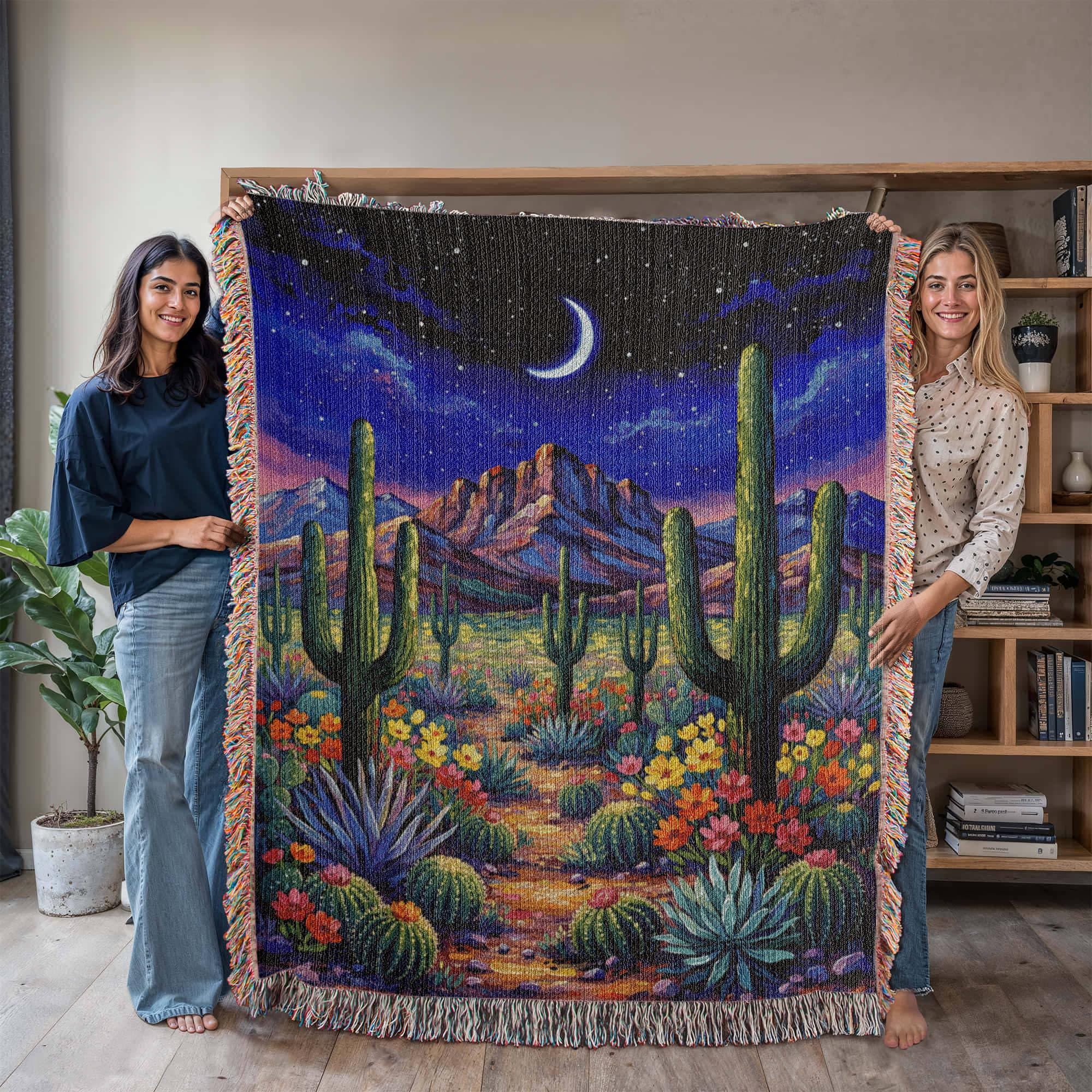 Desert Night Cactus Landscape Art Woven Cotton Blanket - Image 8