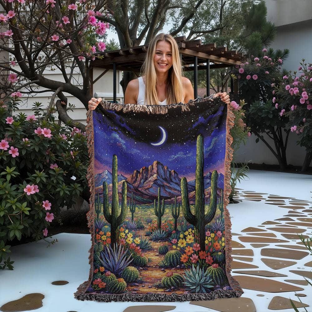 Desert Night Cactus Landscape Art Woven Cotton Blanket - Image 2
