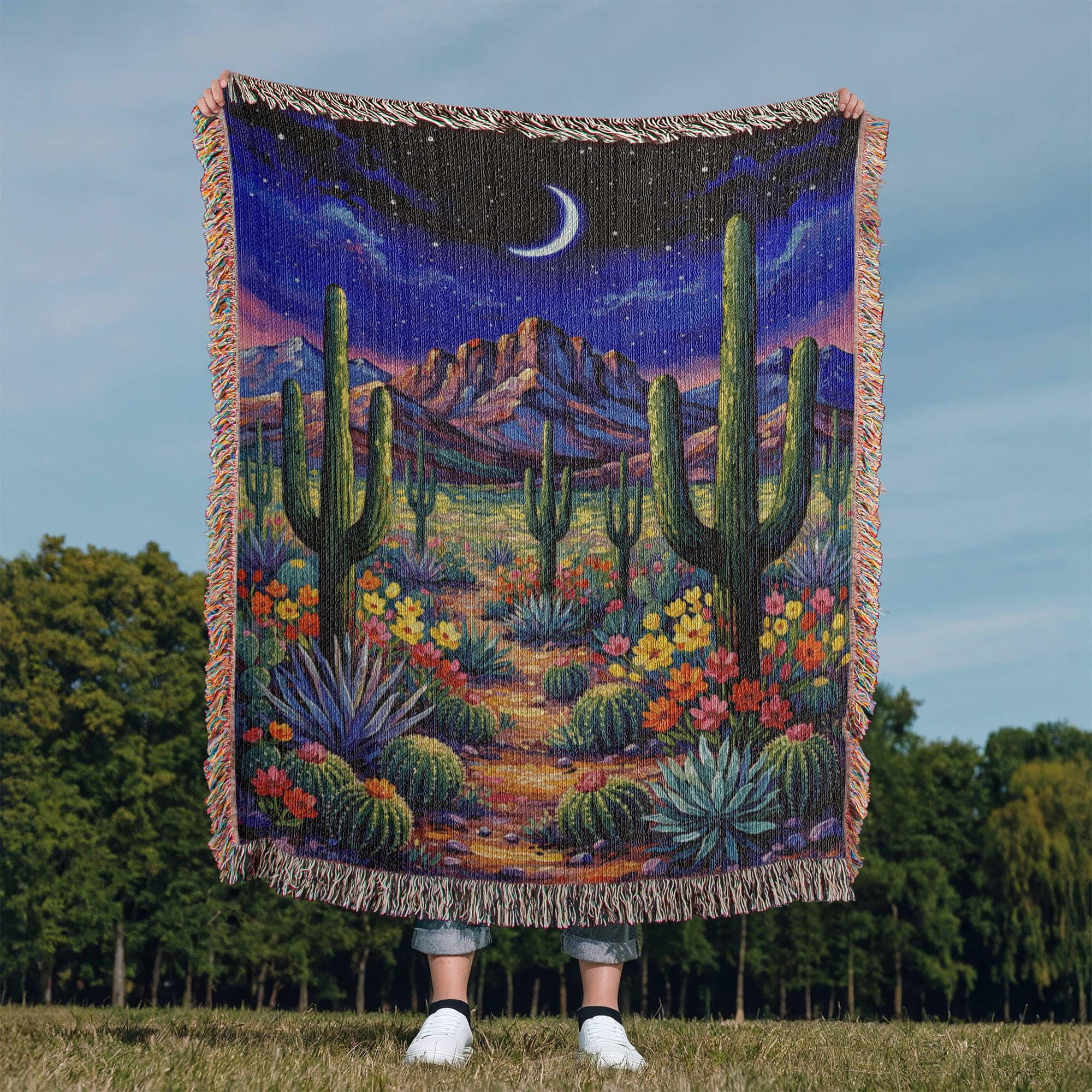 Desert Night Cactus Landscape Art Woven Cotton Blanket - Image 9