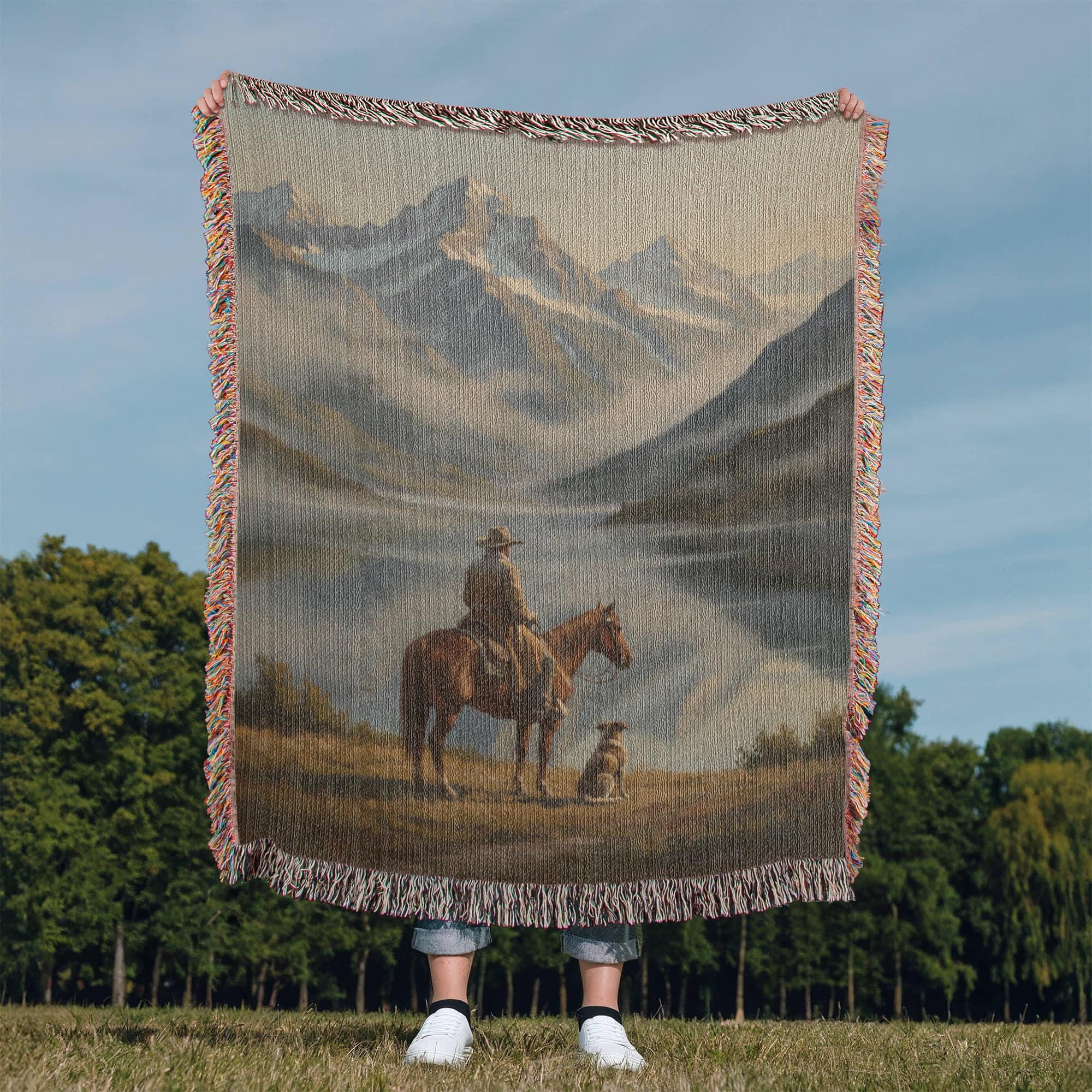 Cowboy and Dog Western Art Woven Cotton Blanket - Image 3