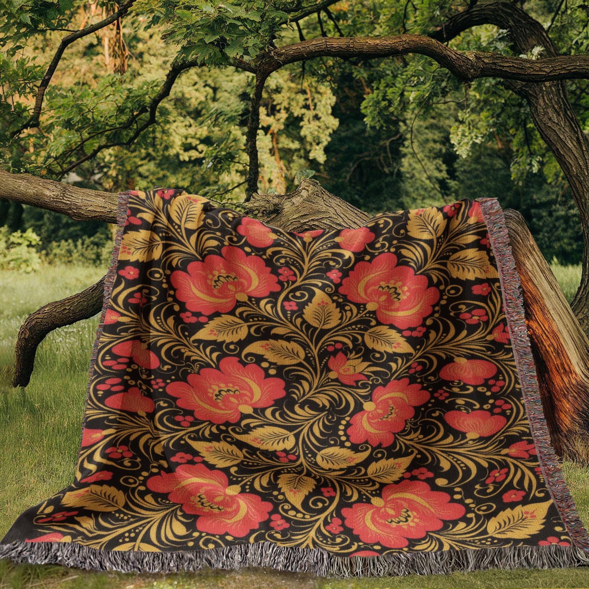 Folk Art Floral Traditional Russian Flower Woven Cotton Blanket - Image 5