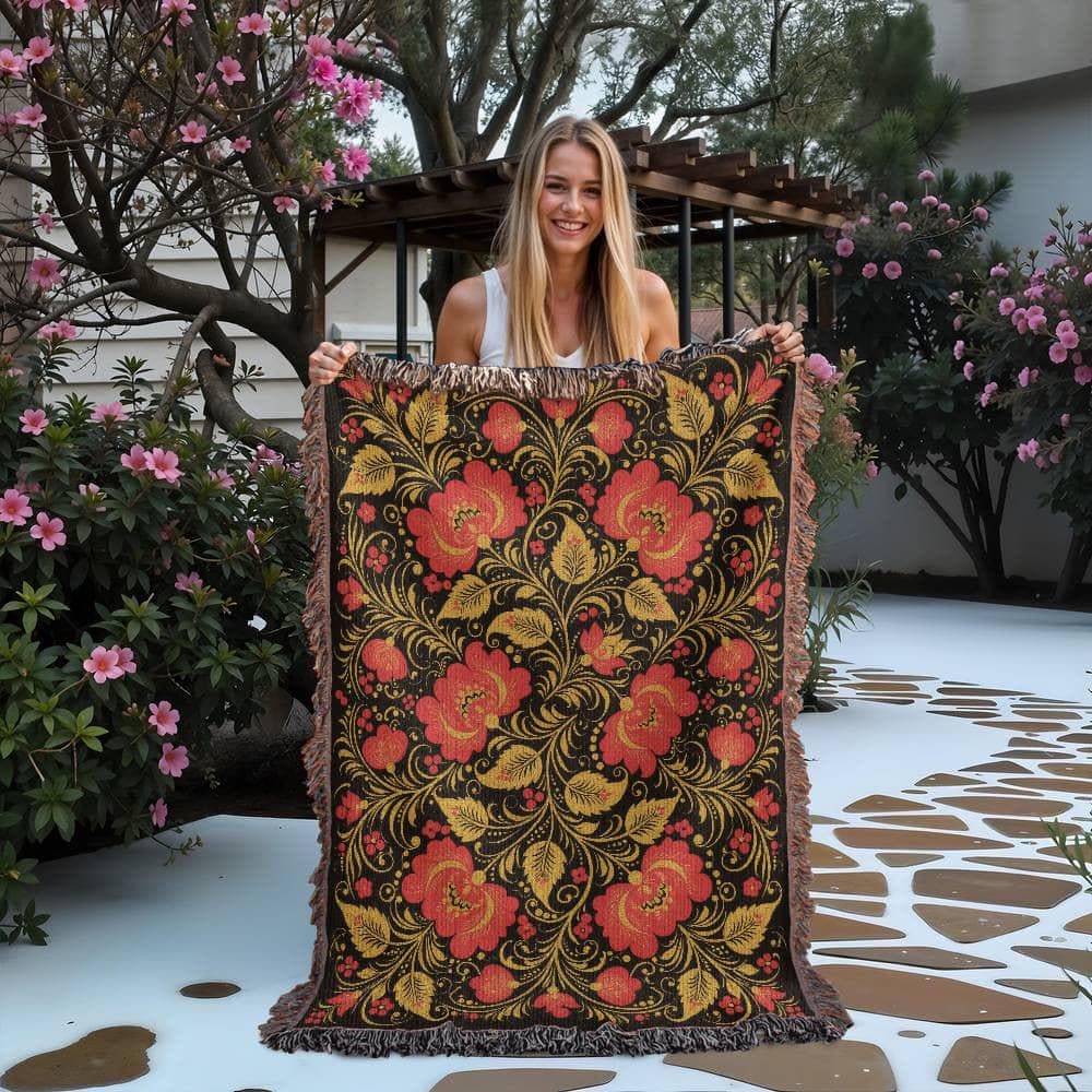 Folk Art Floral Traditional Russian Flower Woven Cotton Blanket - Image 2