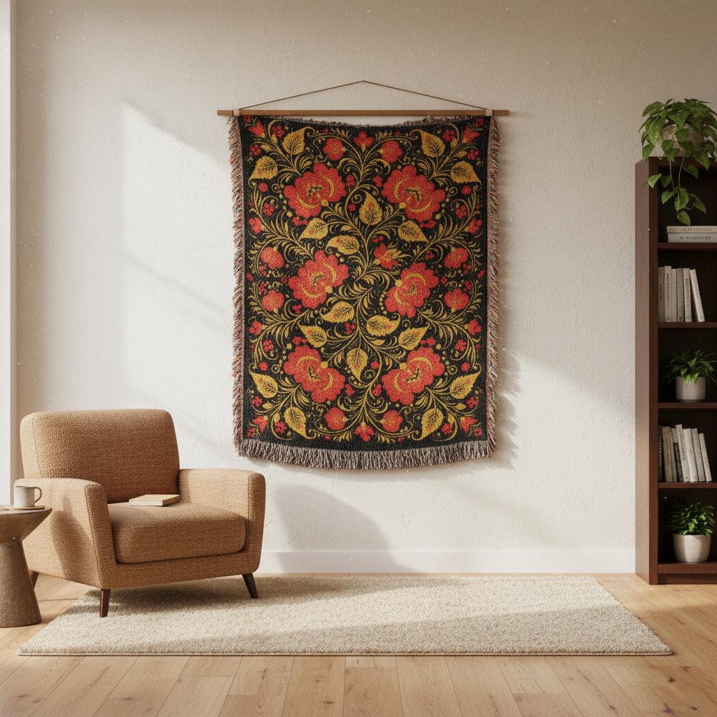 Folk Art Floral Traditional Russian Flower Woven Cotton Blanket