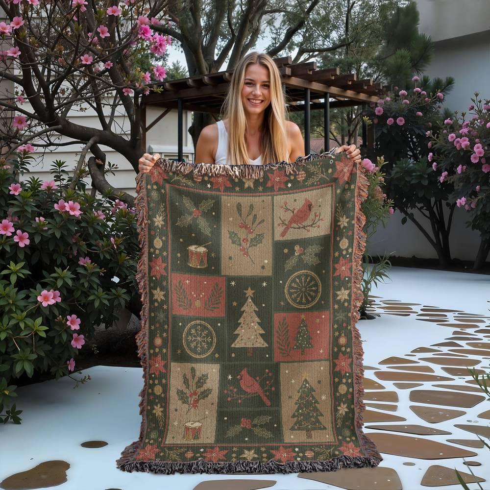 Rustic Holiday Christmas Quilt Pattern Woven Cotton Blanket - Image 2