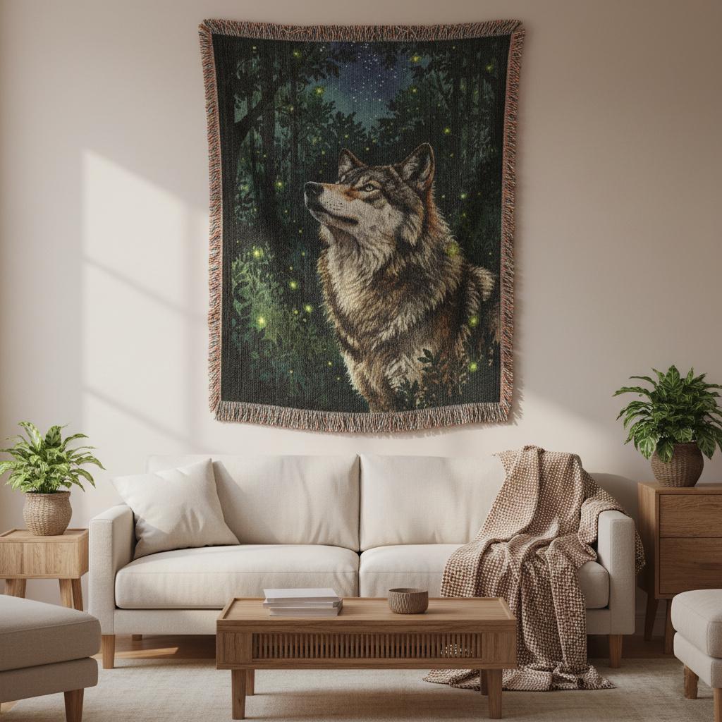 Wolf Firefy Forest Forestcore Woven Cotton Blanket