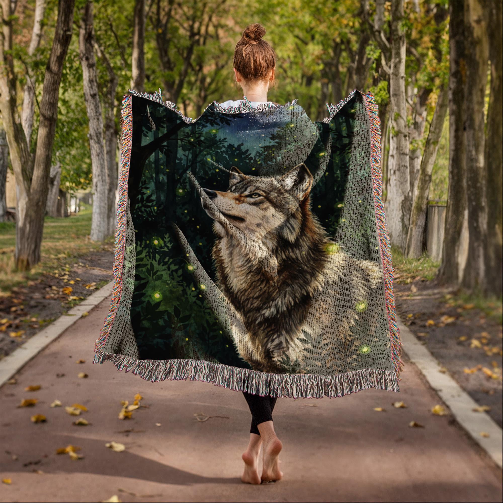 Wolf Firefy Forest Forestcore Woven Cotton Blanket - Image 3
