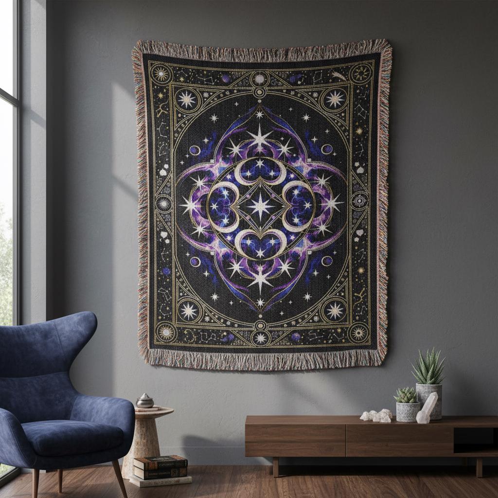 Mystical Celestial Mandala Star Nebula Woven Cotton Blanket