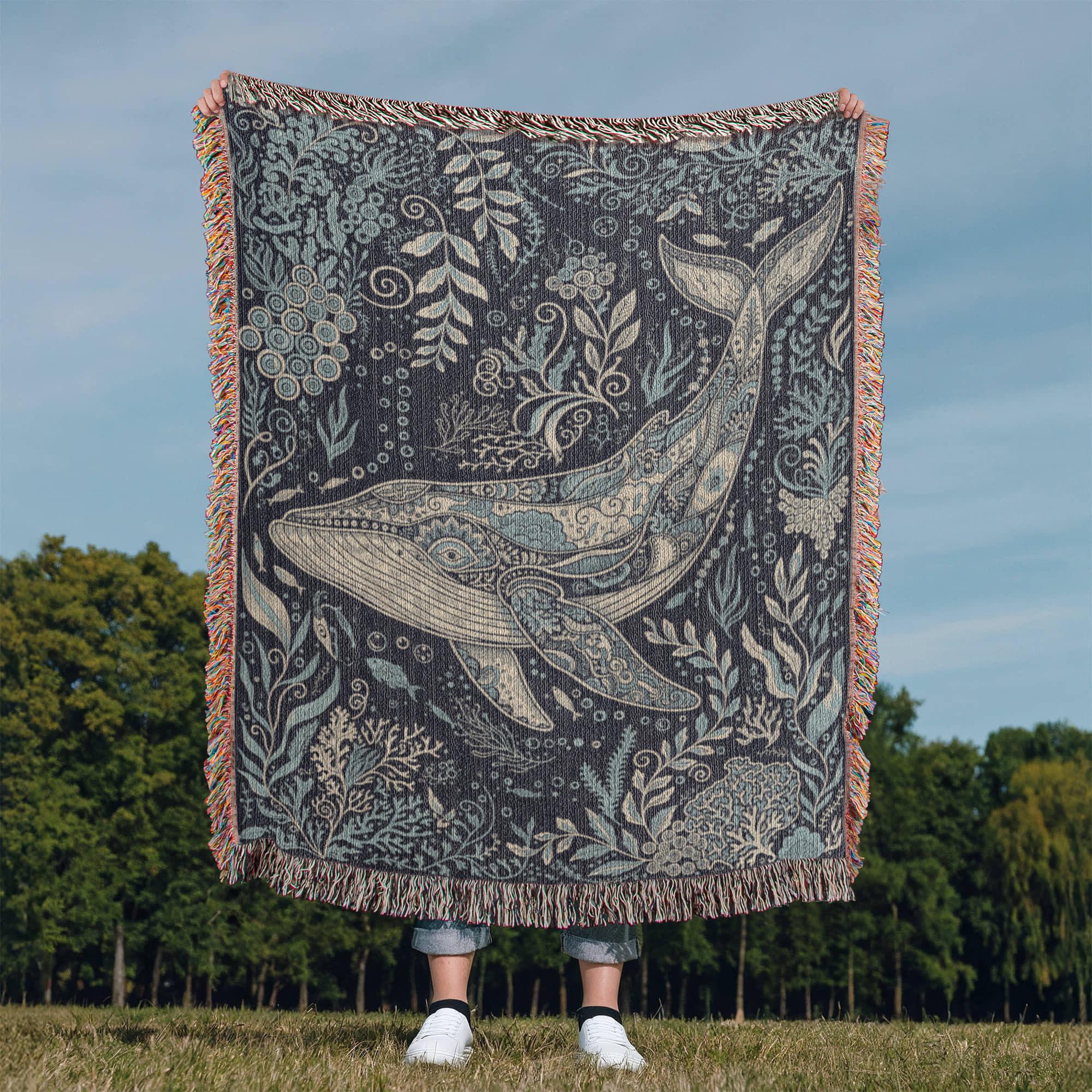 Humpback Whale Boho Coastal Decor Woven Cotton Blanket - Image 4