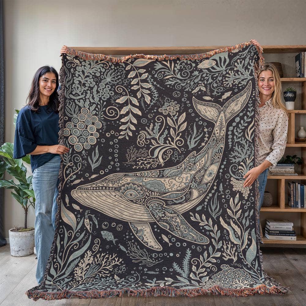 Humpback Whale Boho Coastal Decor Woven Cotton Blanket - Image 6