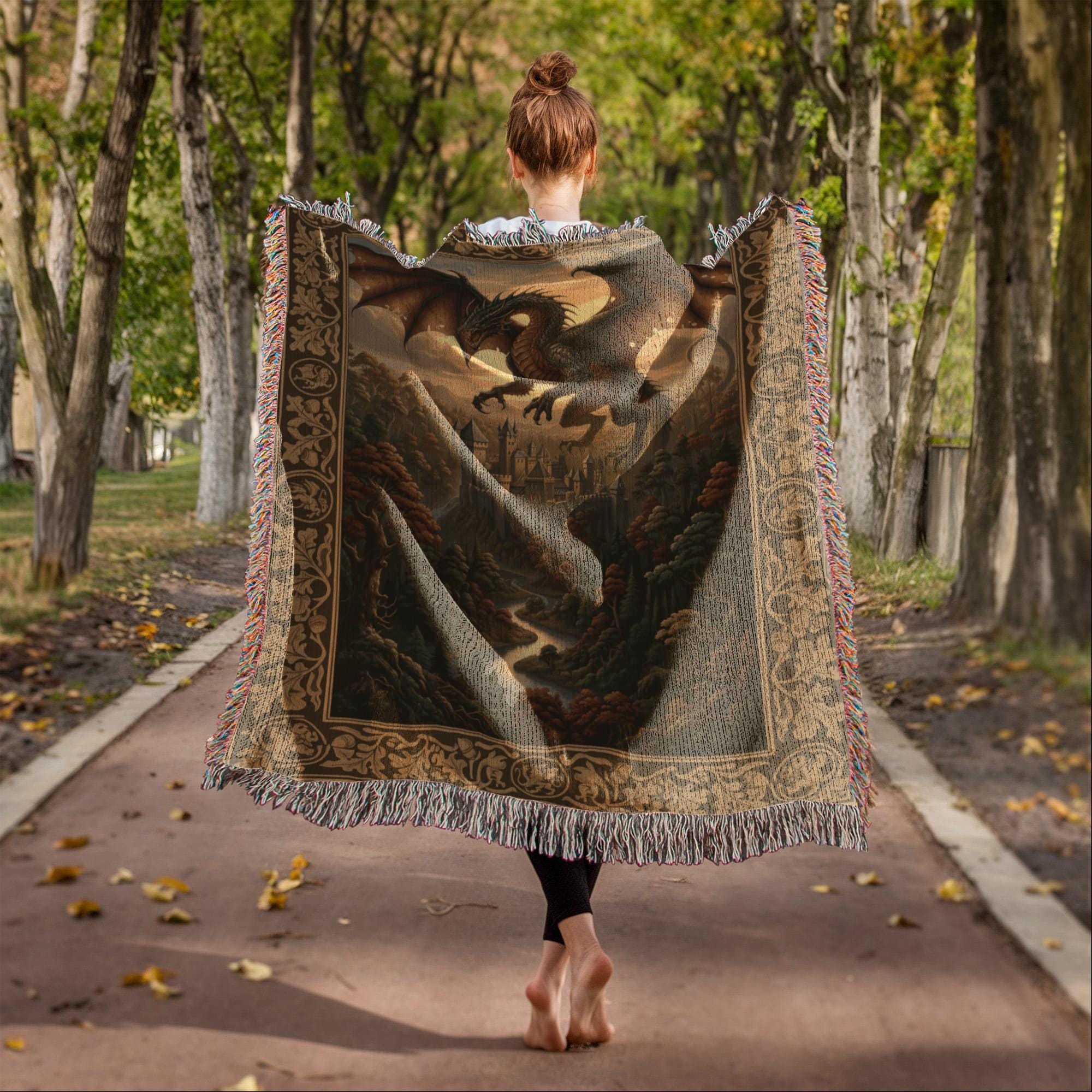 Medieval Dragon Fantasy Lover Gift Woven Cotton Blanket - Image 4