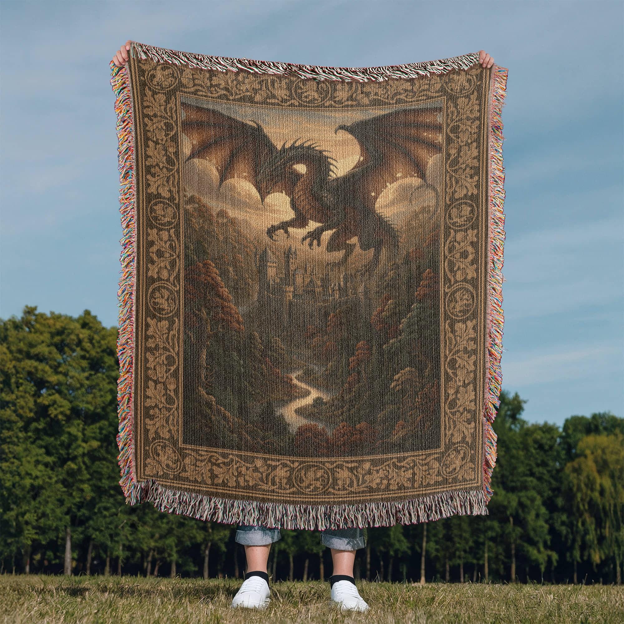 Medieval Dragon Fantasy Lover Gift Woven Cotton Blanket - Image 3