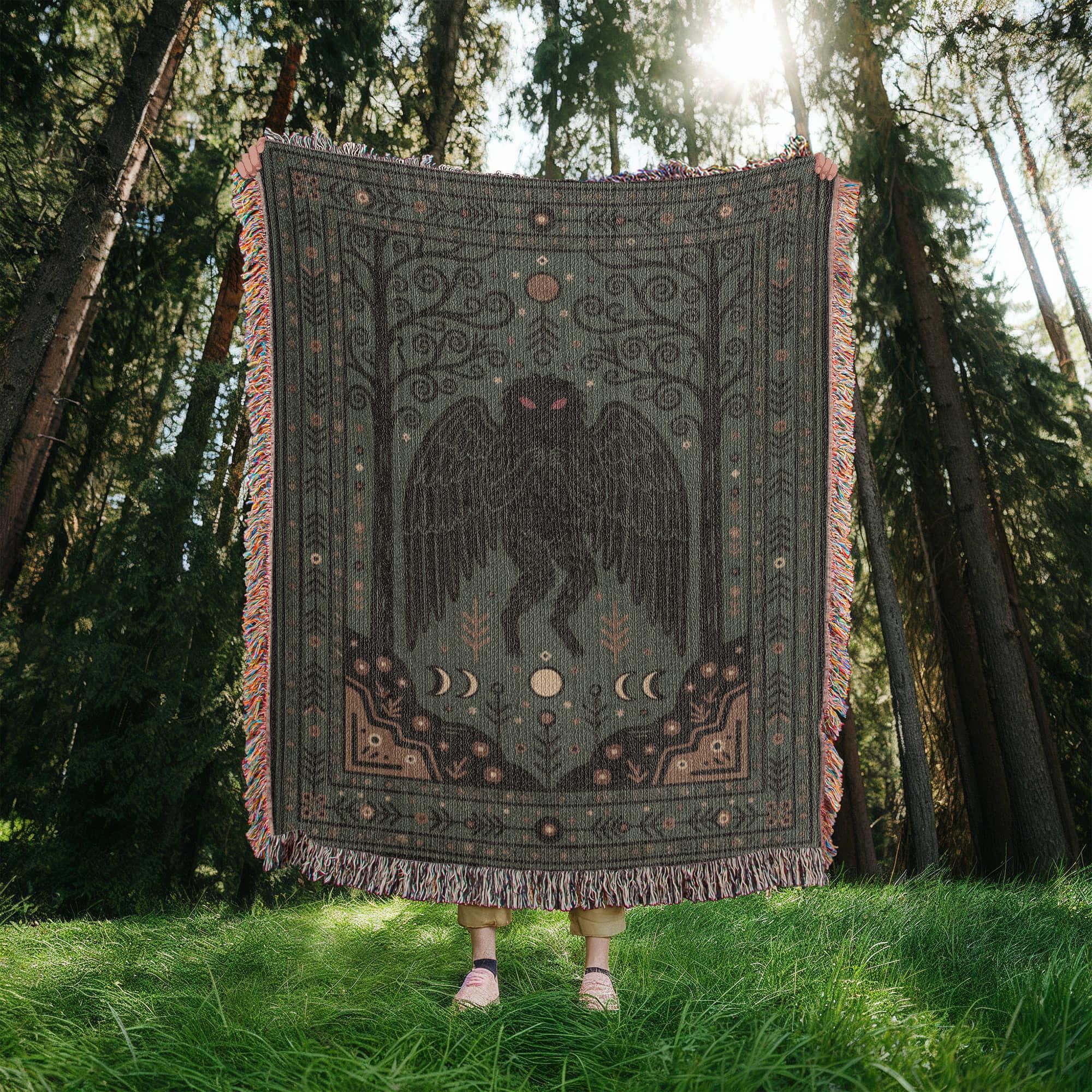 Mothman Cryptid Art Woven Cotton Blanket - Image 3