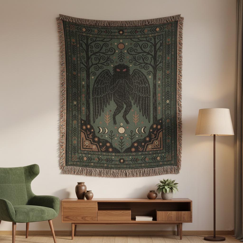 Mothman Cryptid Art Woven Cotton Blanket