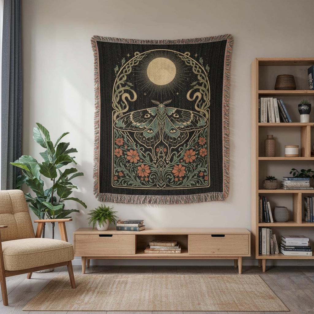 Lunar Moth Art Nouveau Floral Woven Cotton Blanket