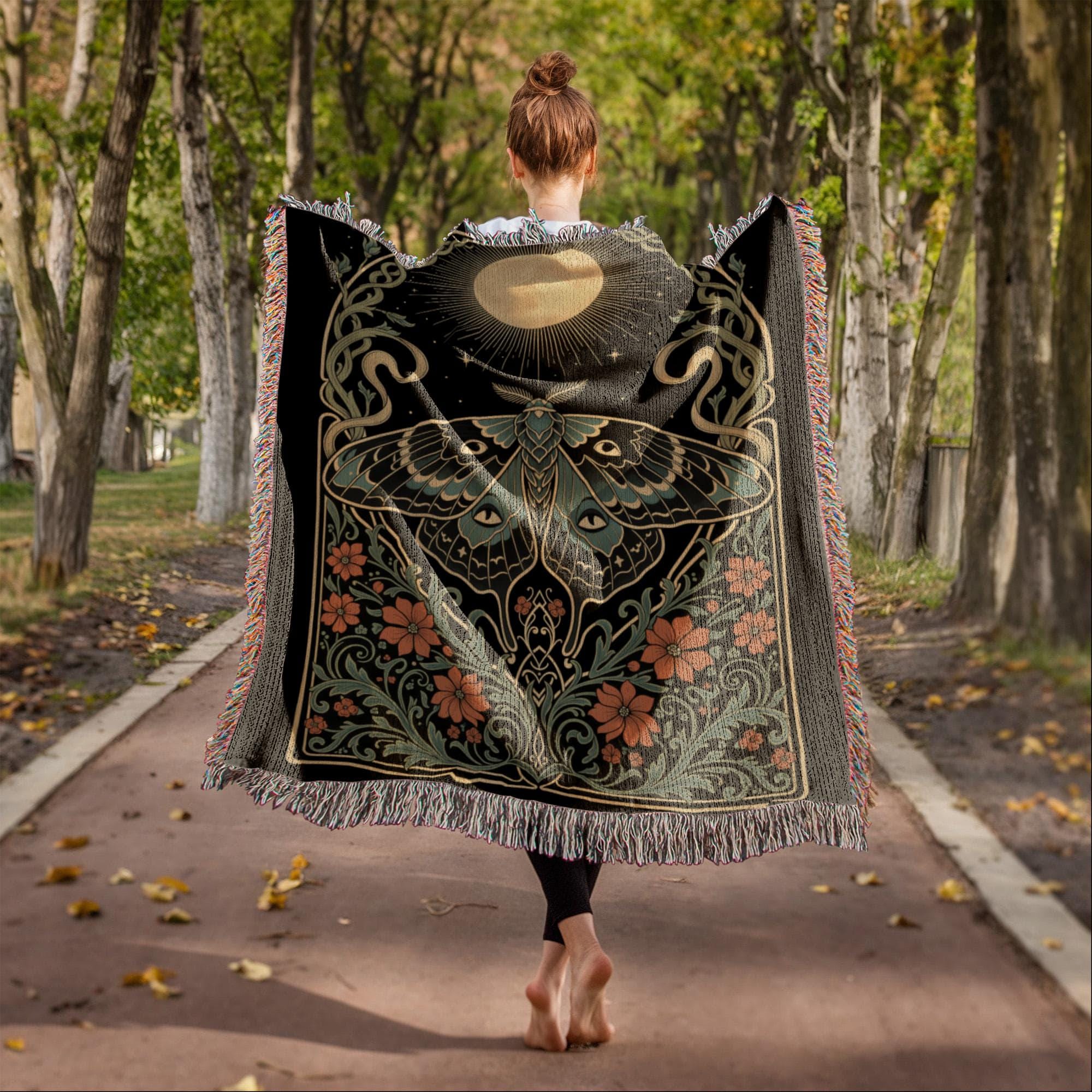 Lunar Moth Art Nouveau Floral Woven Cotton Blanket - Image 5
