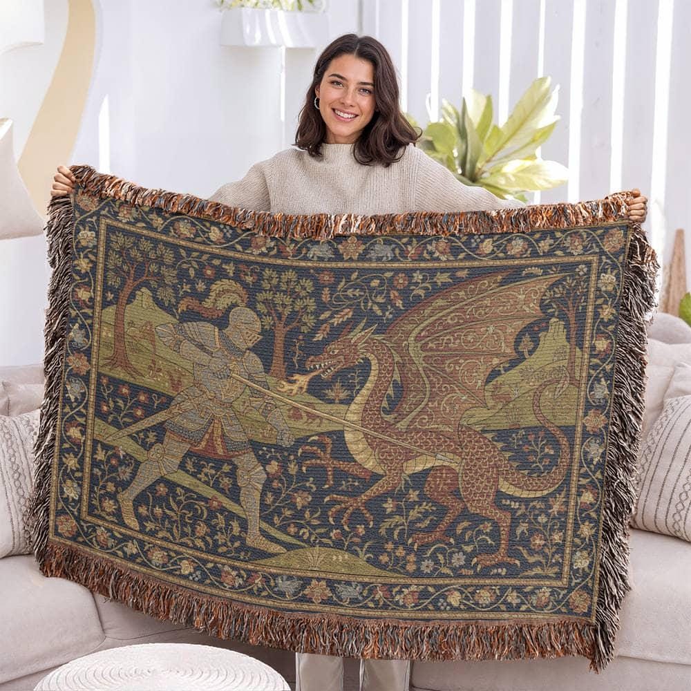 Medieval Knight and Dragon Renaissance Art Woven Cotton Blanket - Image 2