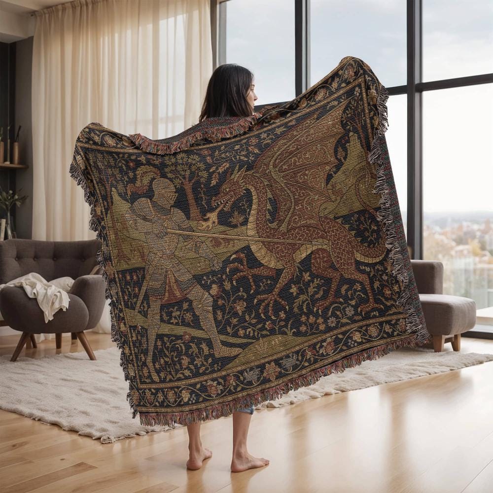 Medieval Knight and Dragon Renaissance Art Woven Cotton Blanket - Image 5