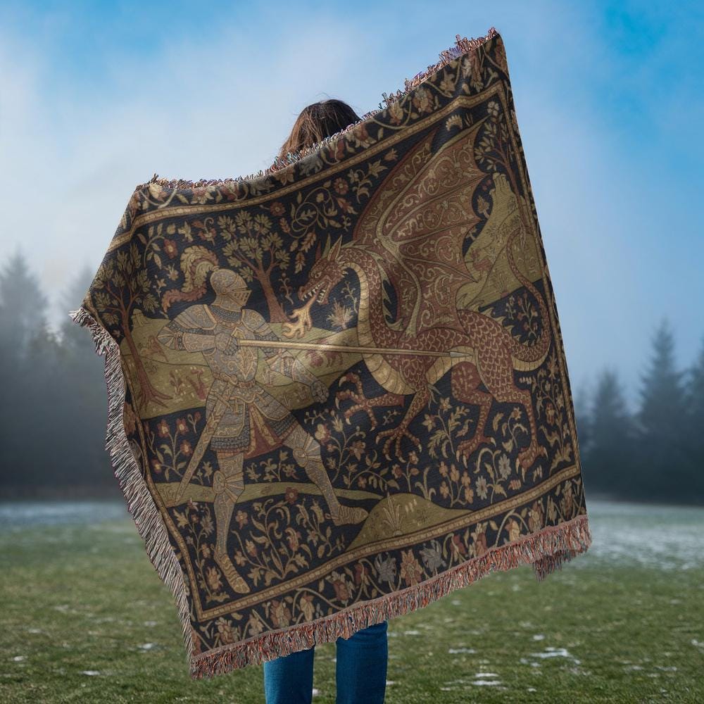 Medieval Knight and Dragon Renaissance Art Woven Cotton Blanket - Image 6