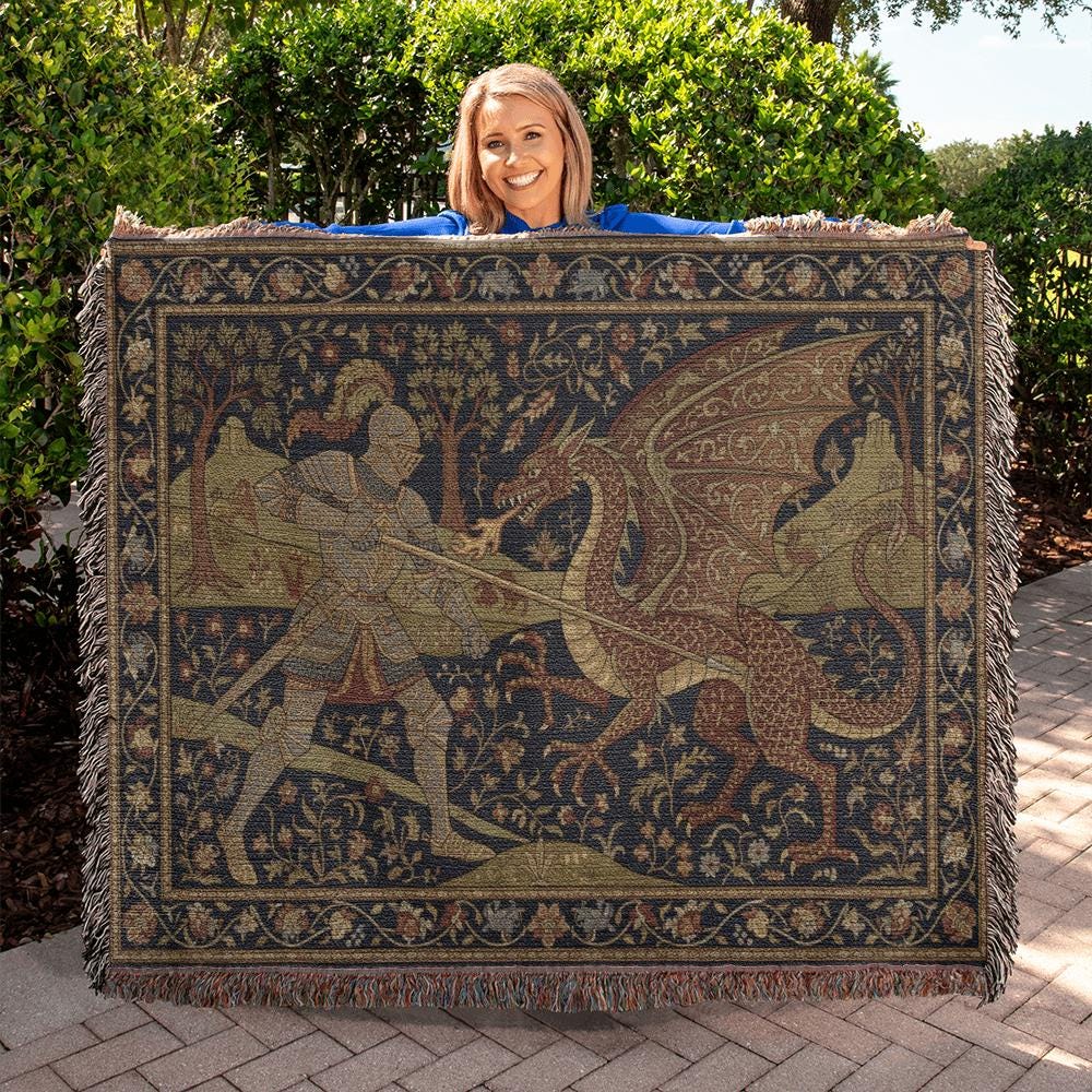Medieval Knight and Dragon Renaissance Art Woven Cotton Blanket - Image 4