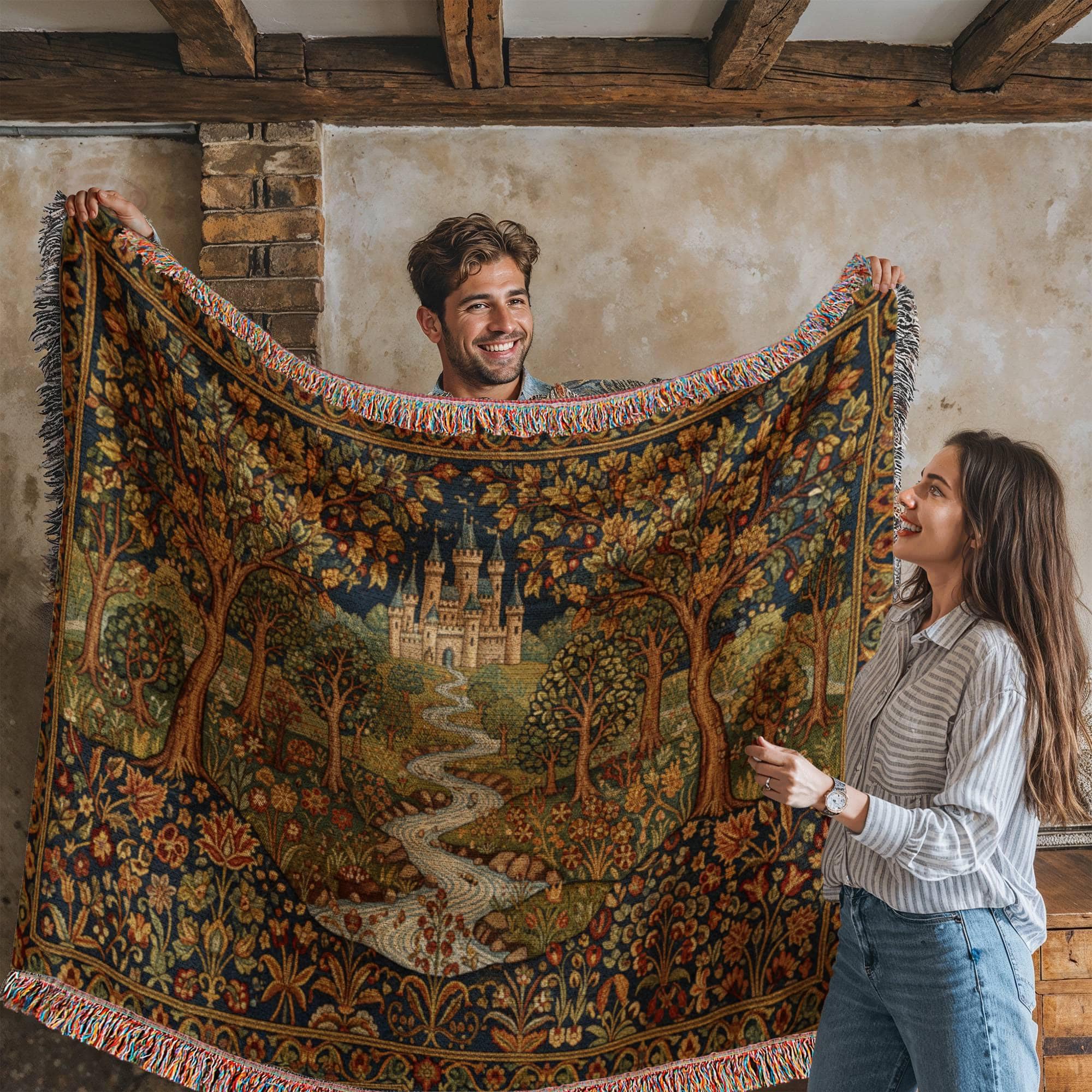 Medieval Castle & Forest Enchanted Renaissance Woven Cotton Blanket - Image 2