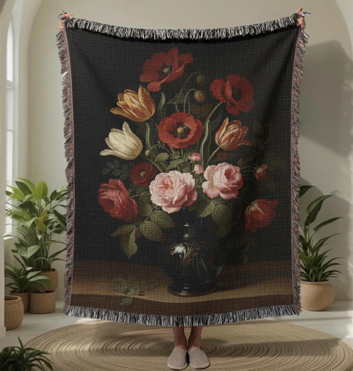 Floral Baroque Still-life Victorian Botanical Woven Cotton Blanket