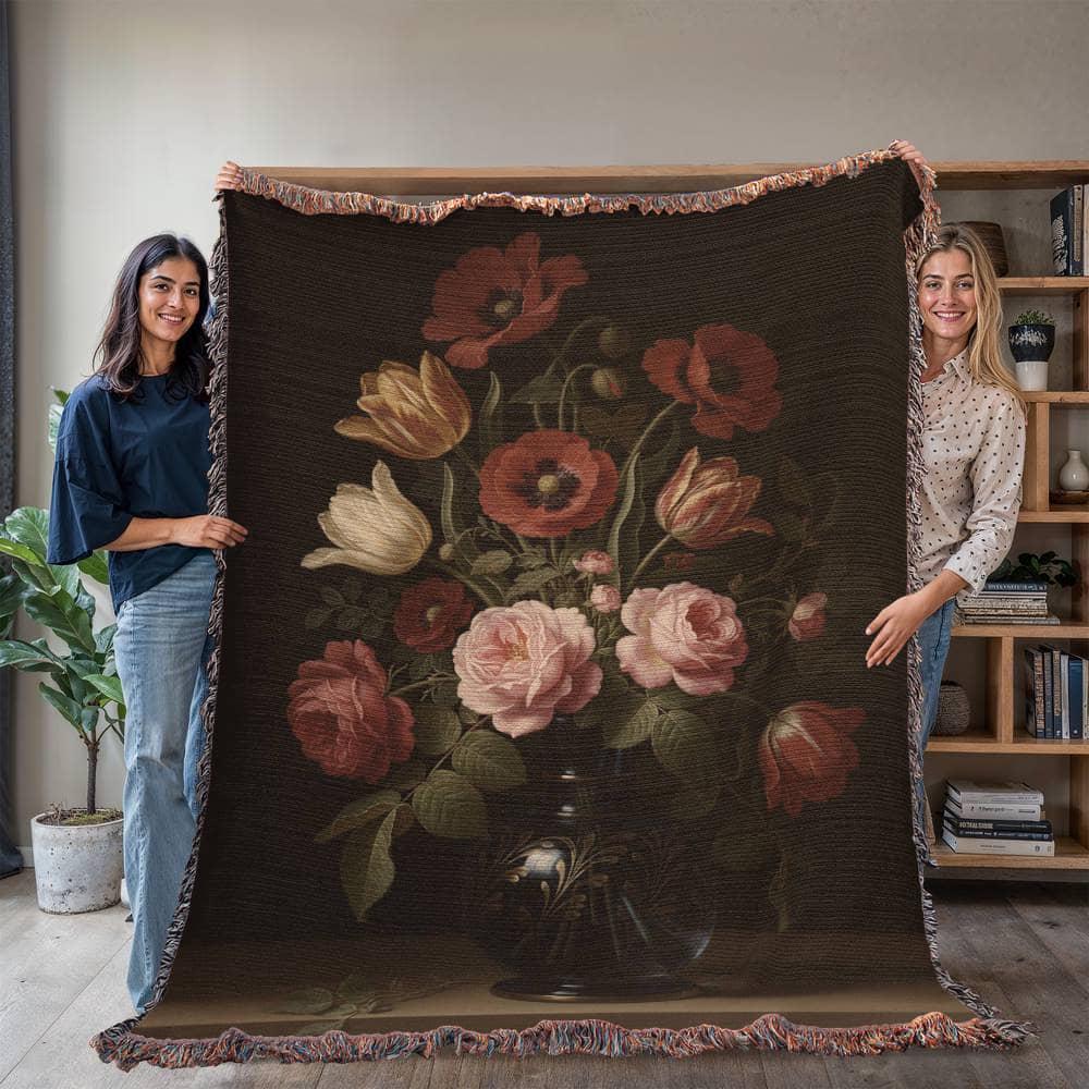 Floral Baroque Still-life Victorian Botanical Woven Cotton Blanket - Image 3