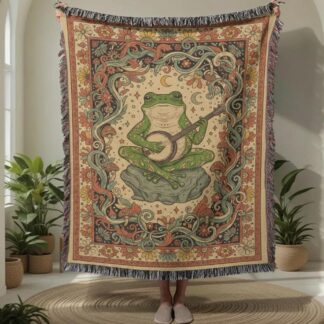 Whimsical Frog Playing Banjo Woven Cotton Blanket