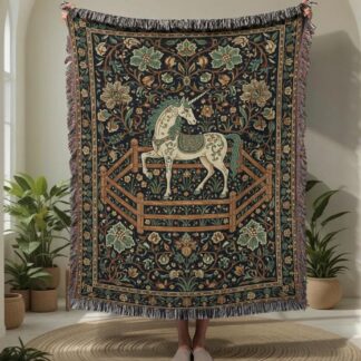 Vintage Medieval Unicorn in Captivity Woven Cotton Blanket