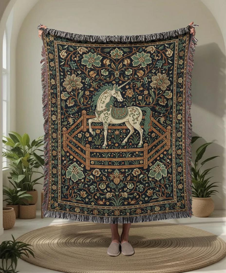 Vintage Medieval Unicorn in Captivity Woven Cotton Blanket