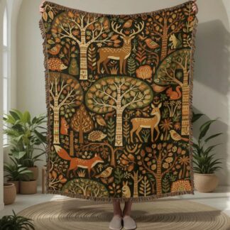 Woodland Animal Folk Art Forest Woven Cotton Blanket