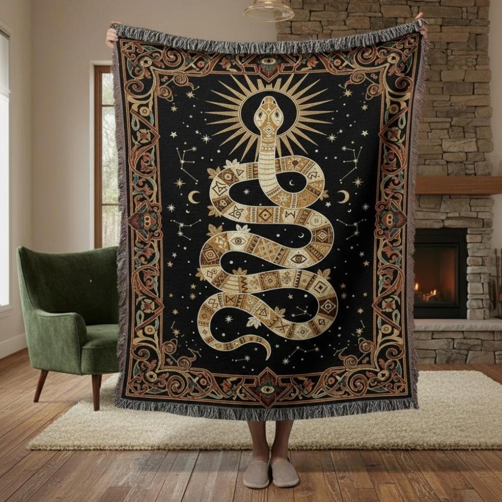 Celestial Snake Occult Serpent Woven Cotton Blanket