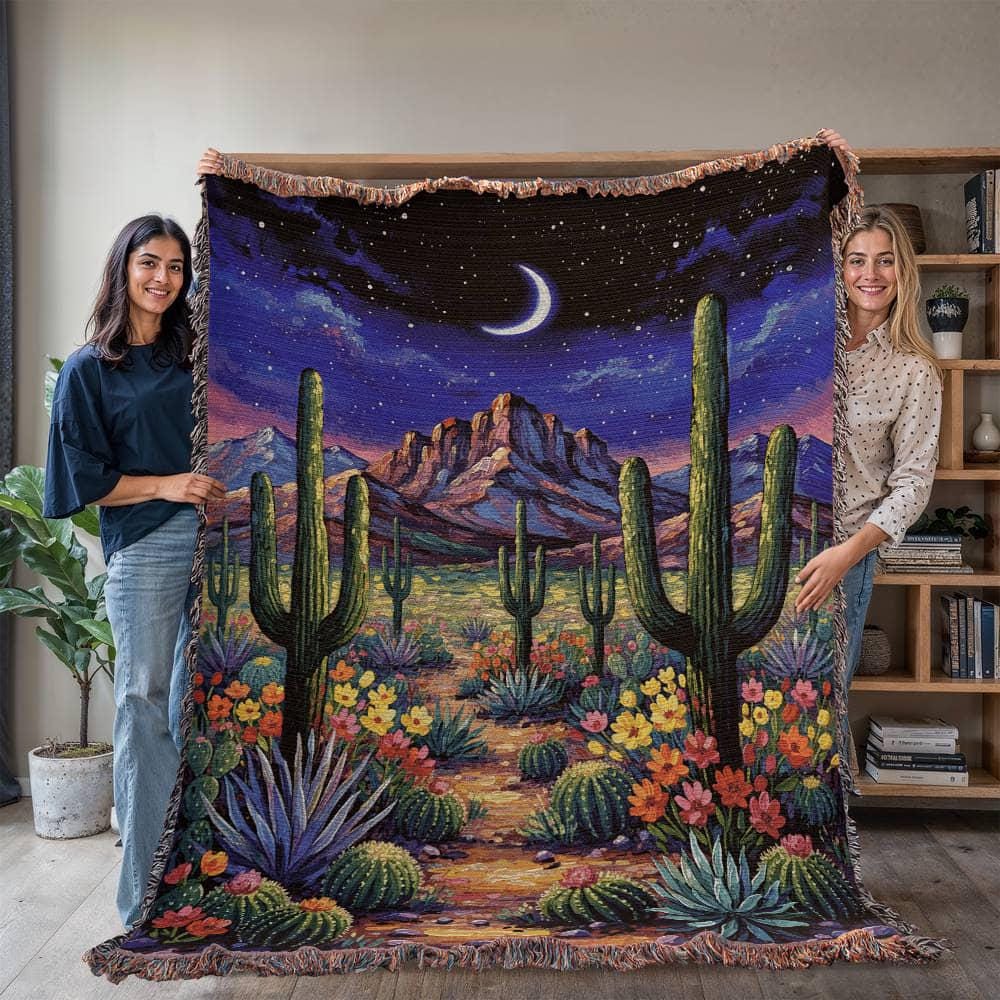 Desert Night Cactus Landscape Art Woven Cotton Blanket - Image 4