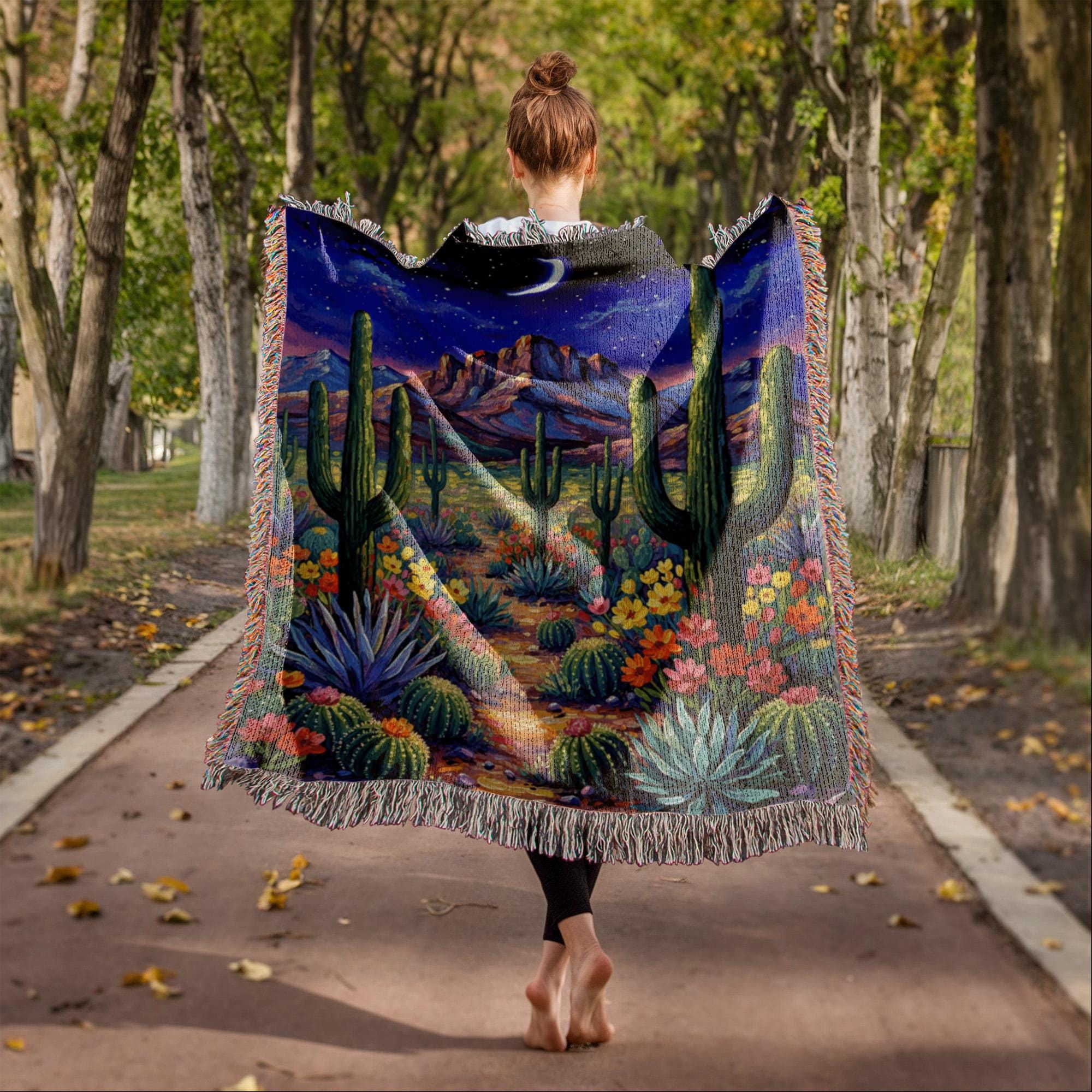 Desert Night Cactus Landscape Art Woven Cotton Blanket - Image 3