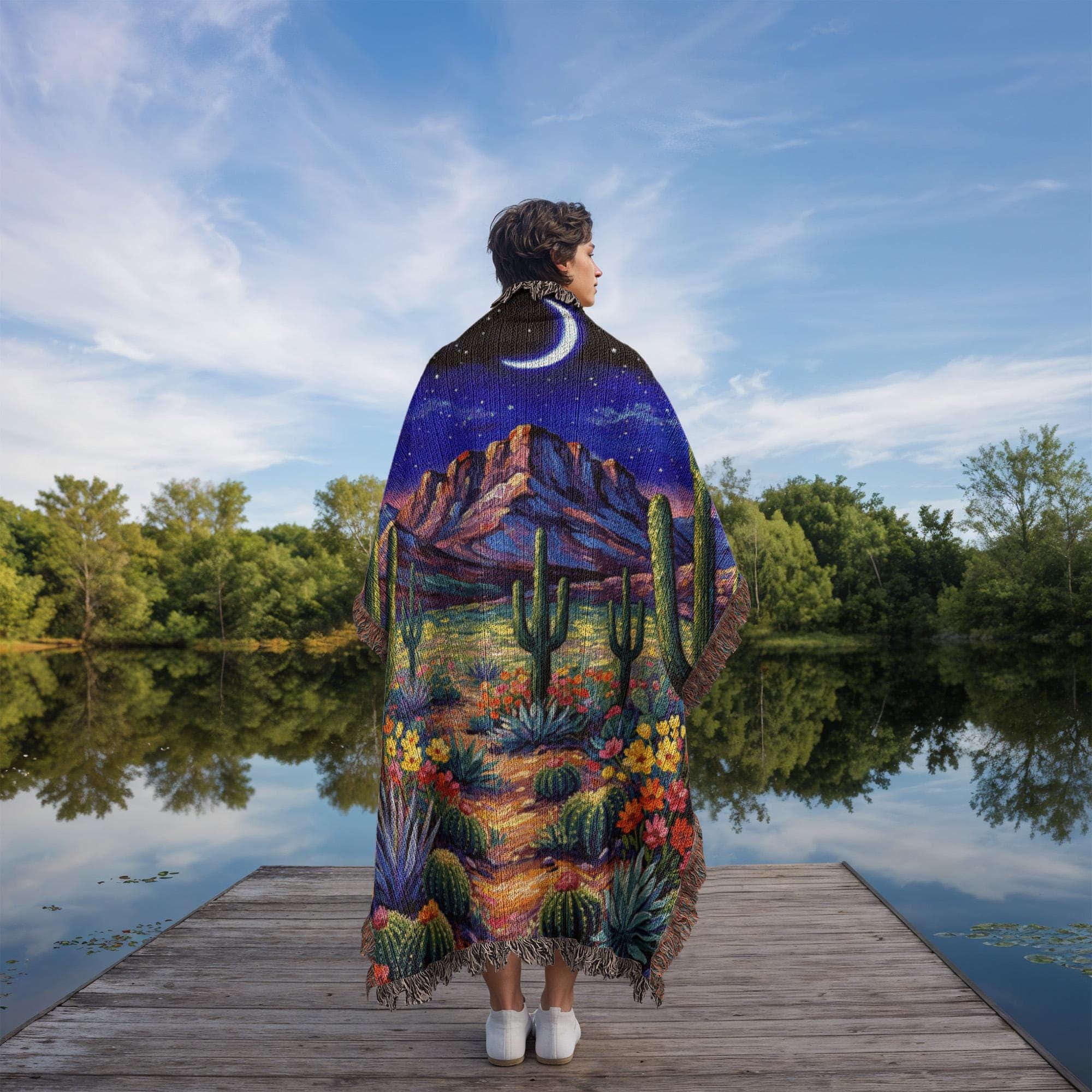 Desert Night Cactus Landscape Art Woven Cotton Blanket - Image 5