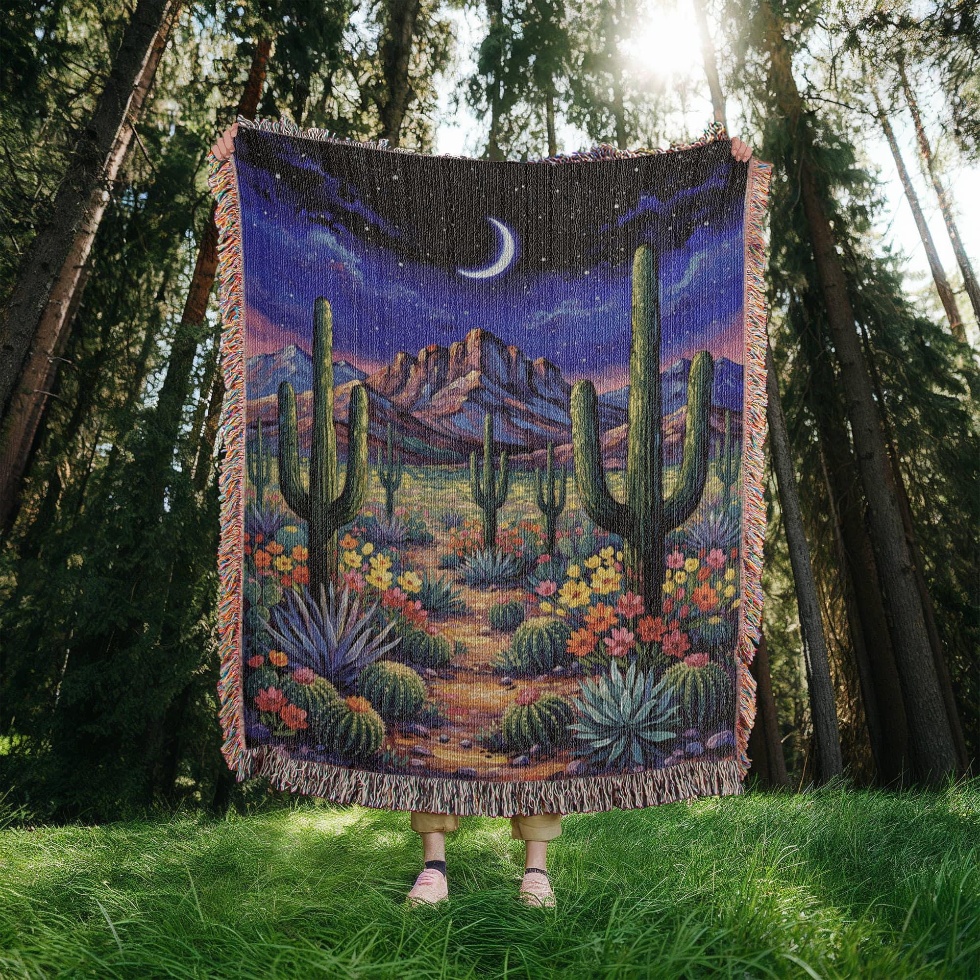 Desert Night Cactus Landscape Art Woven Cotton Blanket - Image 7