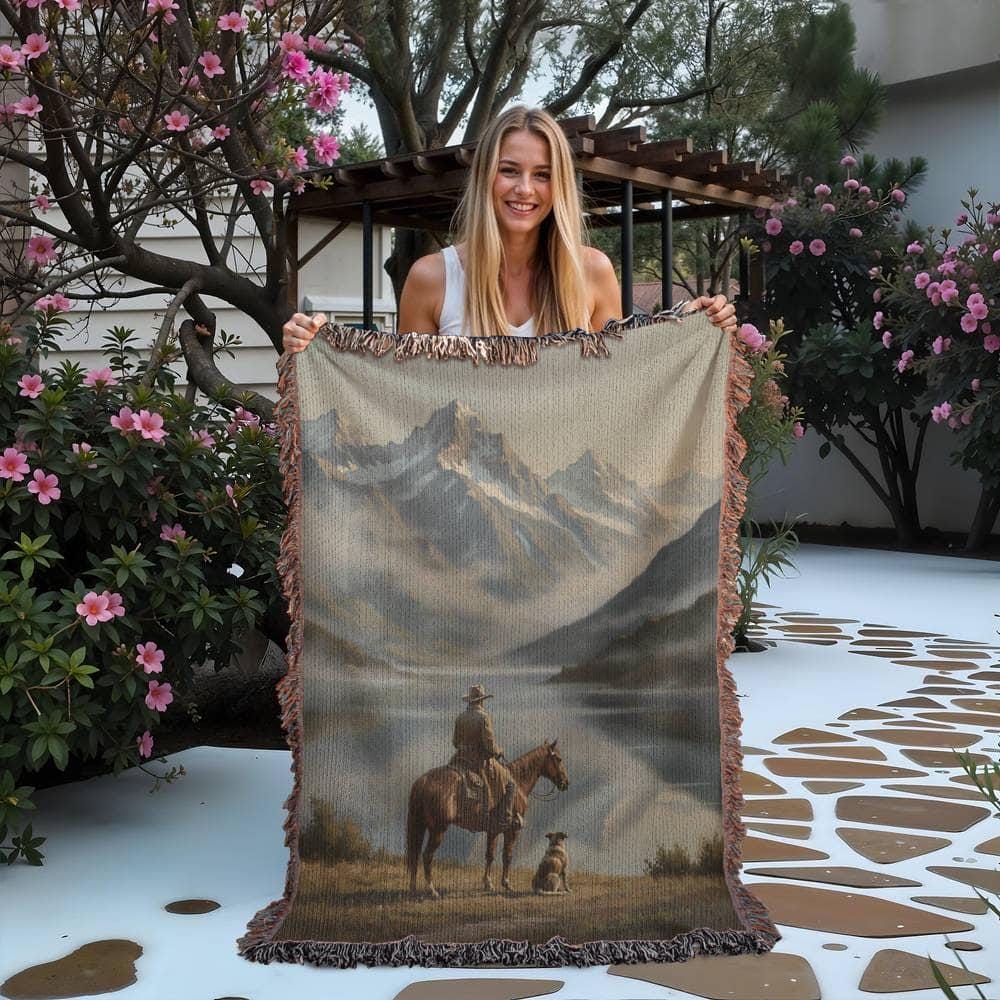 Cowboy and Dog Western Art Woven Cotton Blanket - Image 2