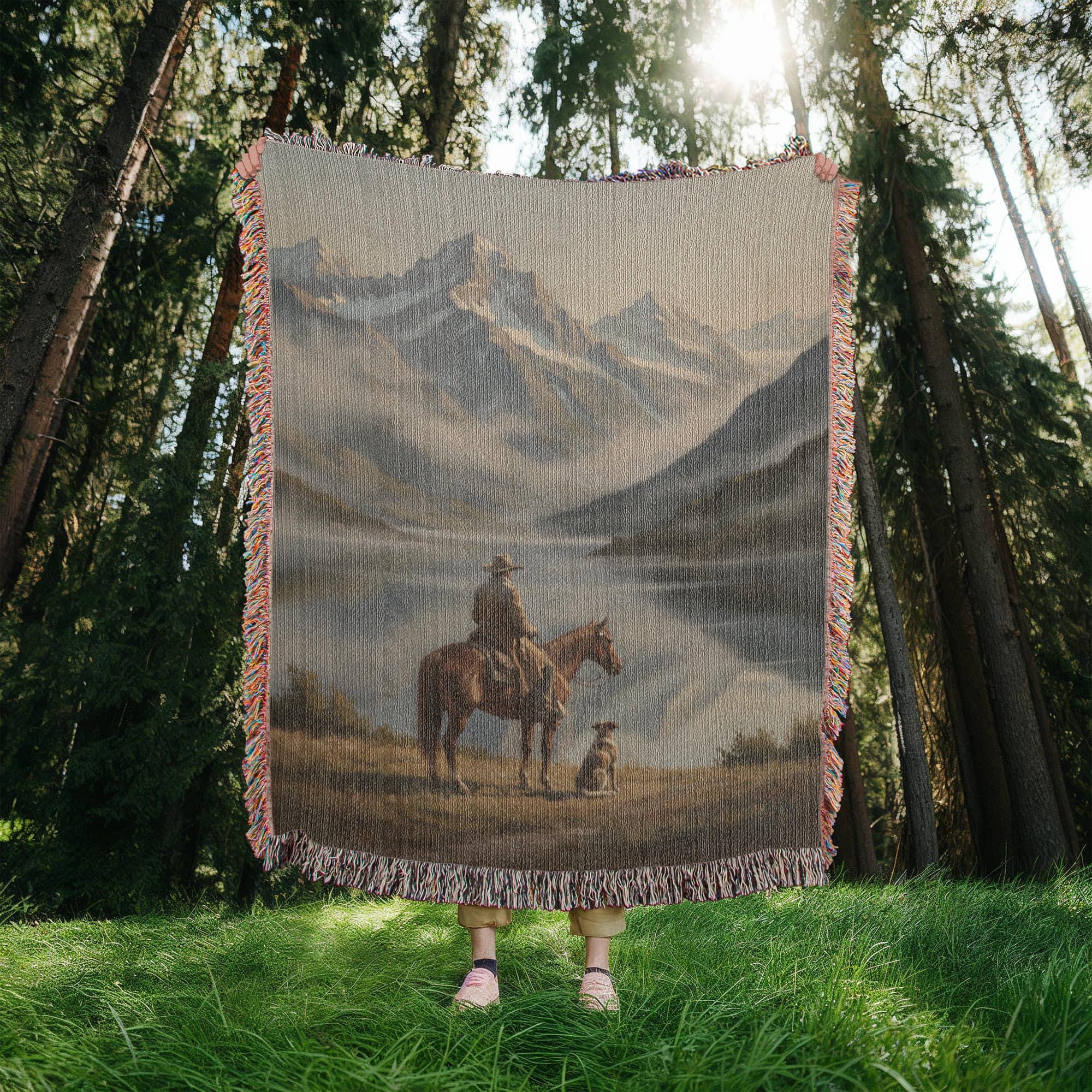 Cowboy and Dog Western Art Woven Cotton Blanket - Image 4