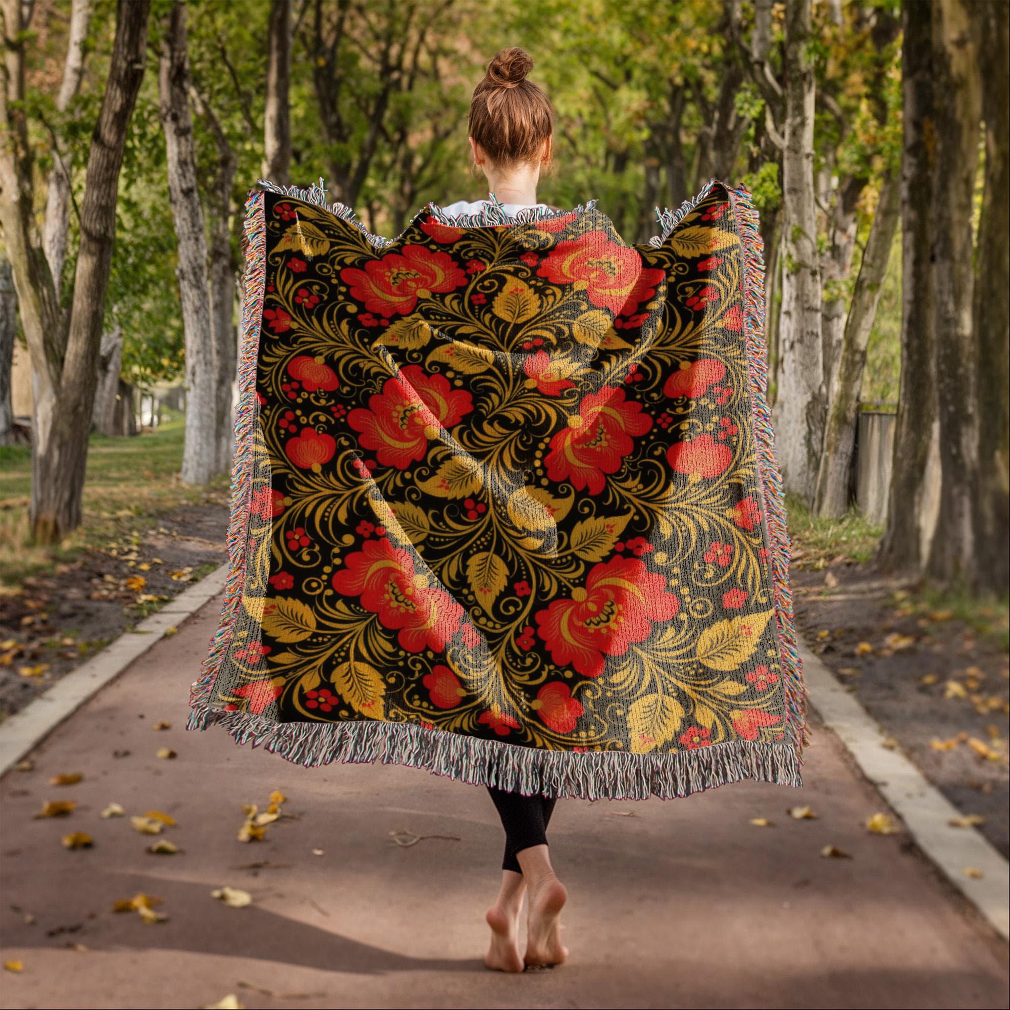 Folk Art Floral Traditional Russian Flower Woven Cotton Blanket - Image 6
